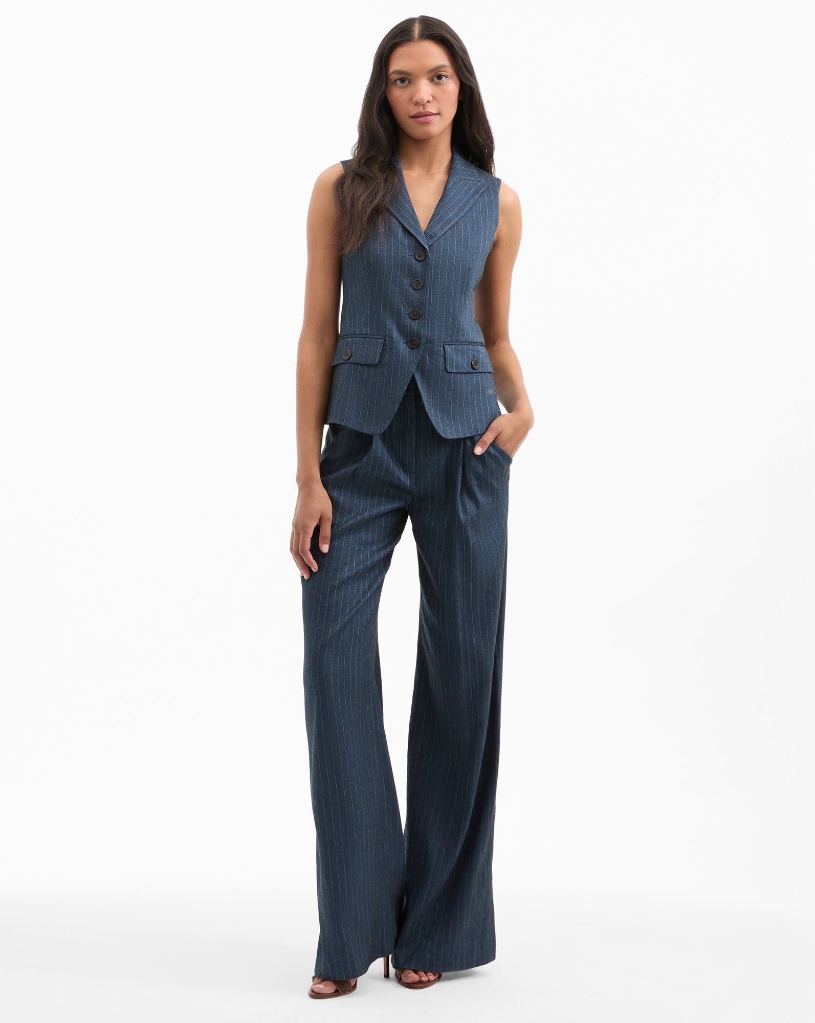 Veronica Beard Rimini Wide-Leg Pinstripe Pant - Blue/Dove White