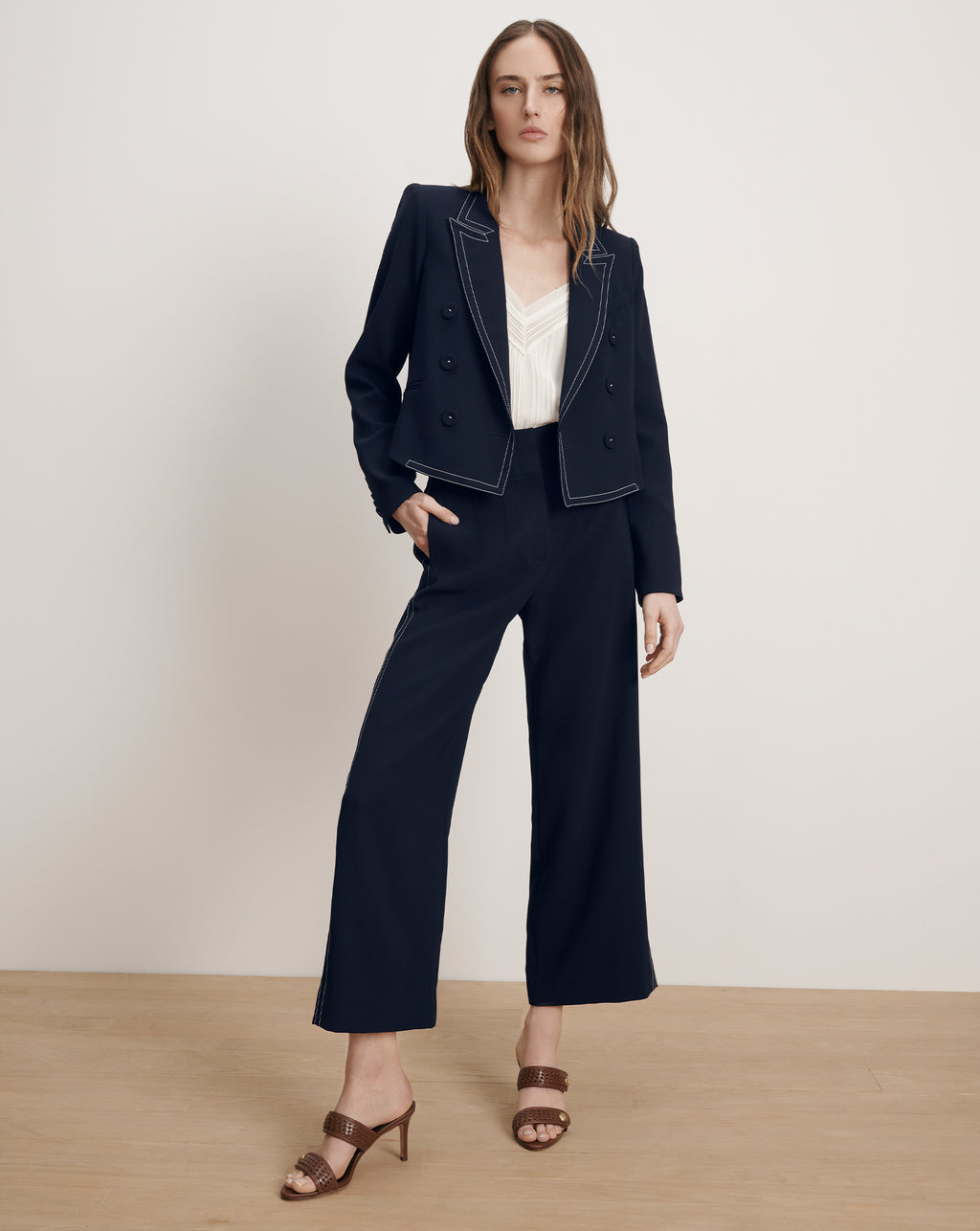Veronica Beard Ellin Cropped Wide-Leg Pant - Navy