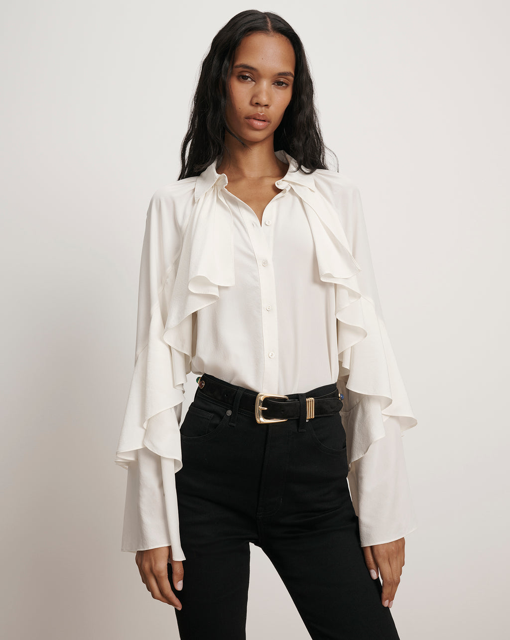 Veronica Beard Demaris Ruffled Button-Down Blouse - Dove White
