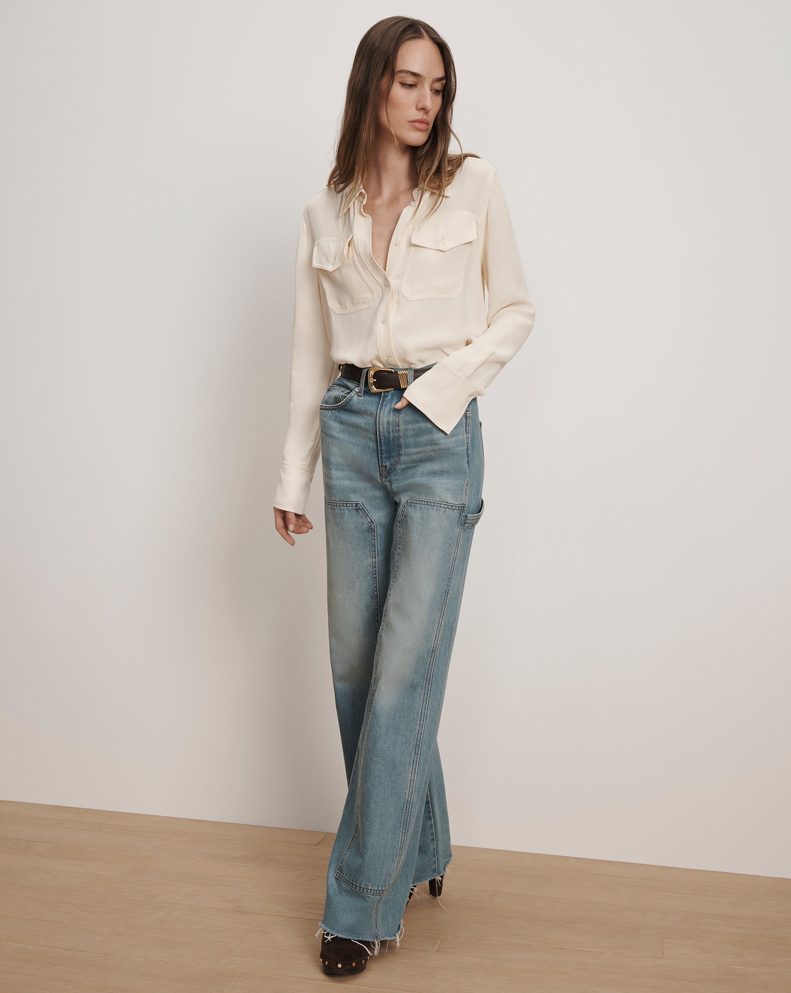 Veronica Beard Taylor Wide-Leg Jean with Chaps - Blue Glare