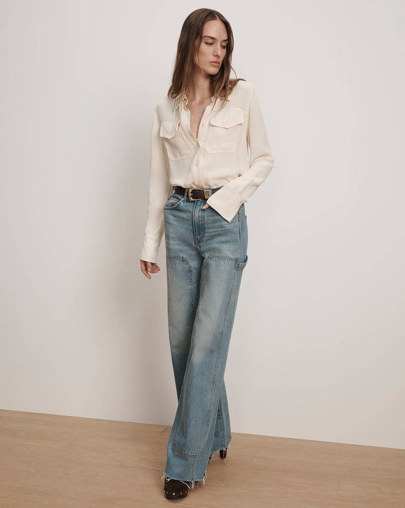 Veronica Beard Taylor Wide-Leg Jean with Chaps - Blue Glare