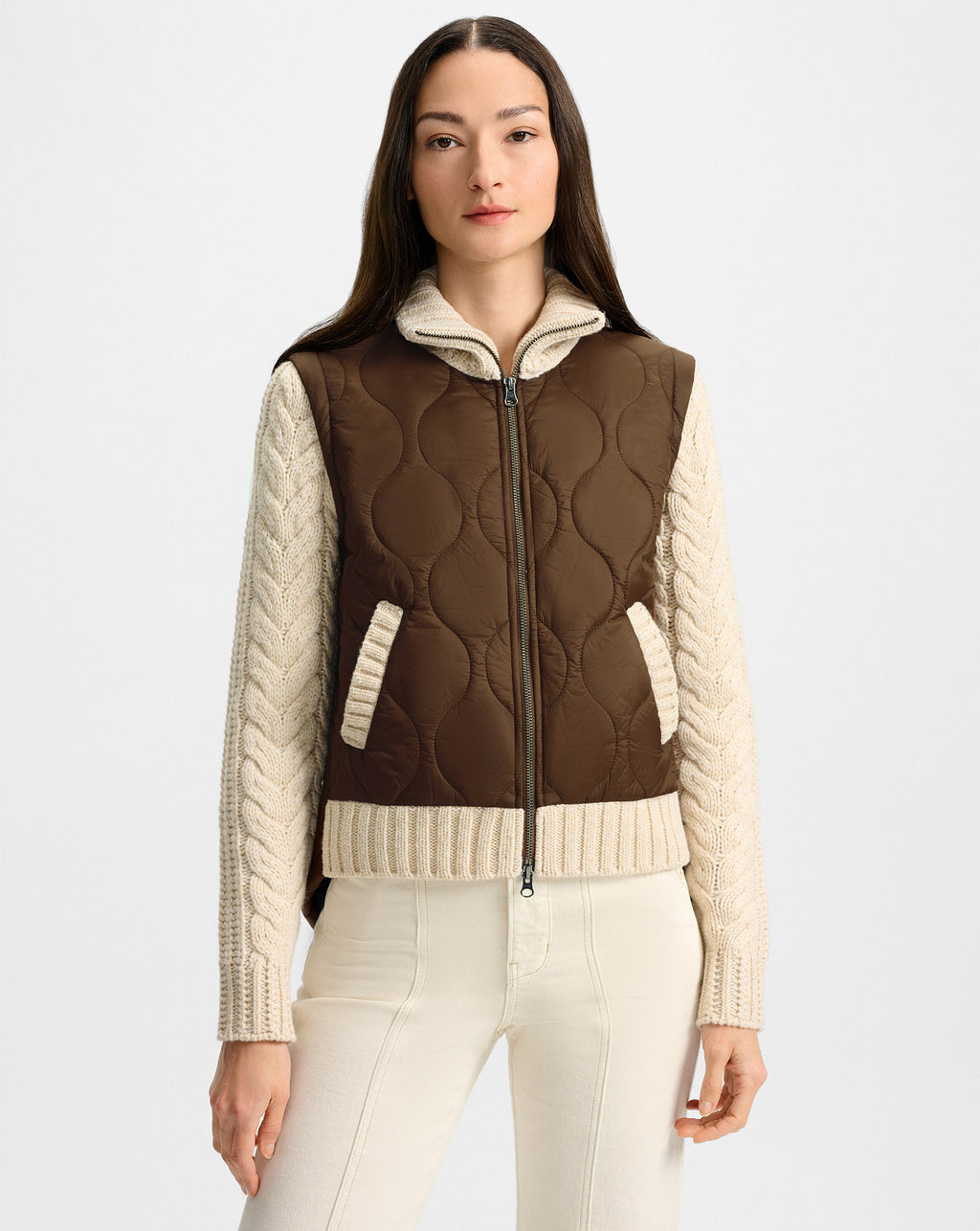 Veronica Beard Patra Knit-Sleeve Quilted Jacket - Mocha/Heathered Sand
