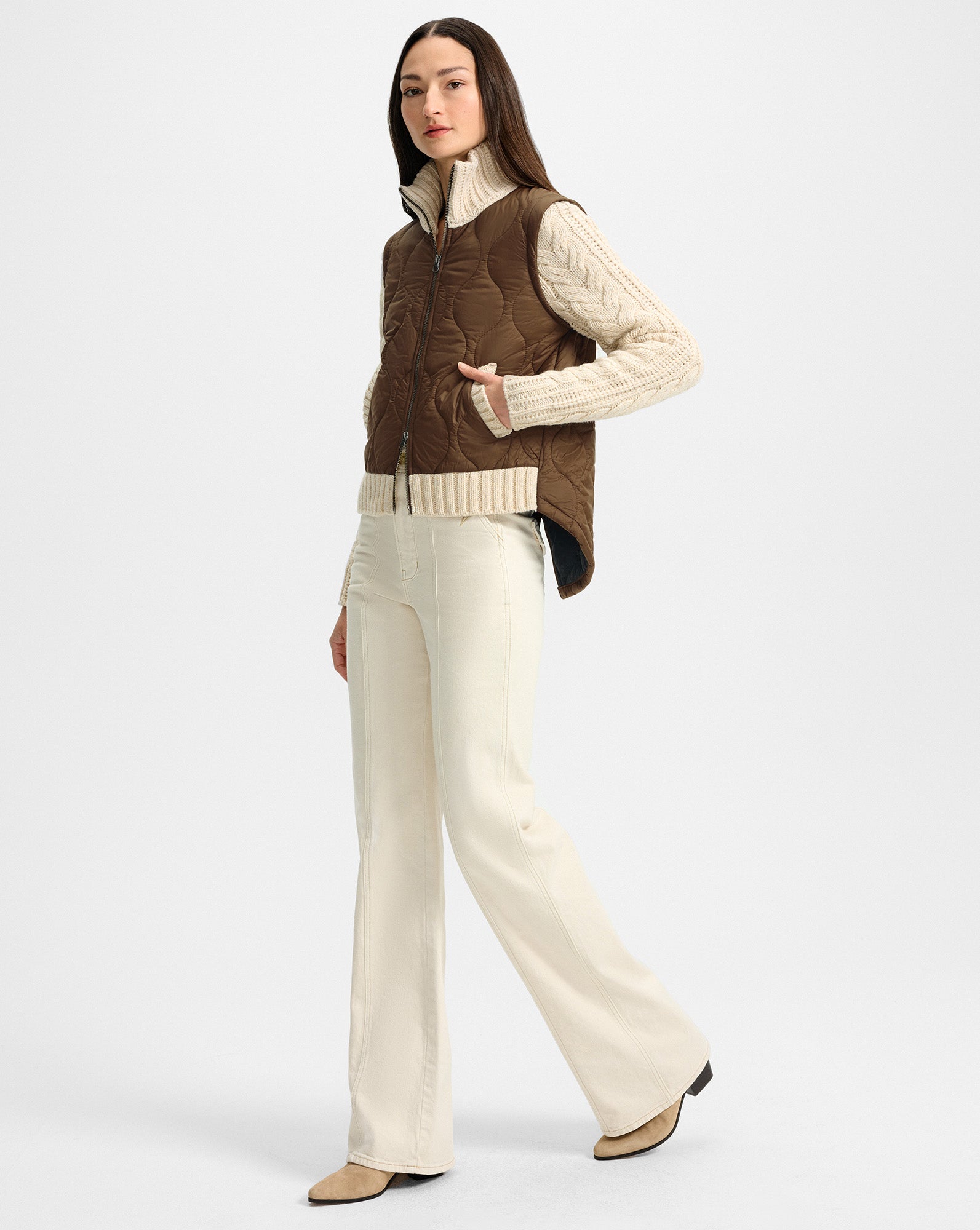 Veronica Beard Patra Knit-Sleeve Quilted Jacket - Mocha/Heathered Sand