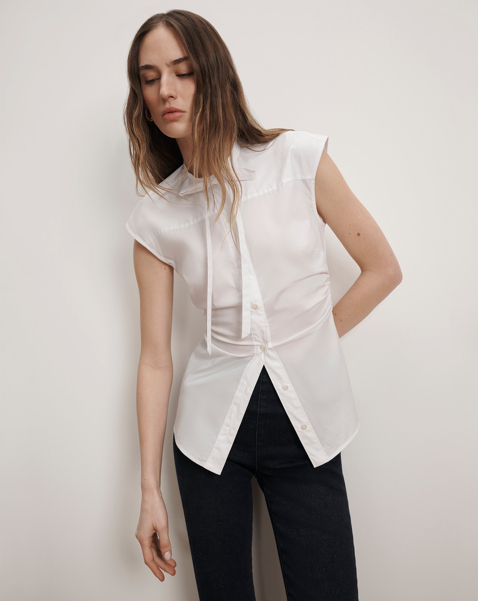 Veronica Beard Joon Tie-Neck Button-Down Blouse - White
