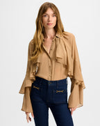 Veronica Beard Demaris Ruffled Button-Down Blouse - Brown Sugar