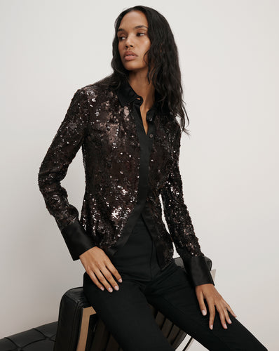 Veronica Beard Matty Sequin Button-Down Shirt - Dark Currant