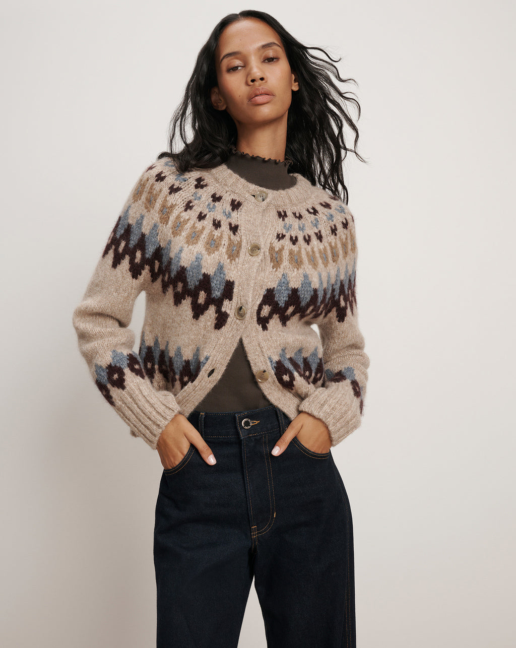 Veronica Beard Christina Fair Isle Cardigan - Oatmeal Melange Multi