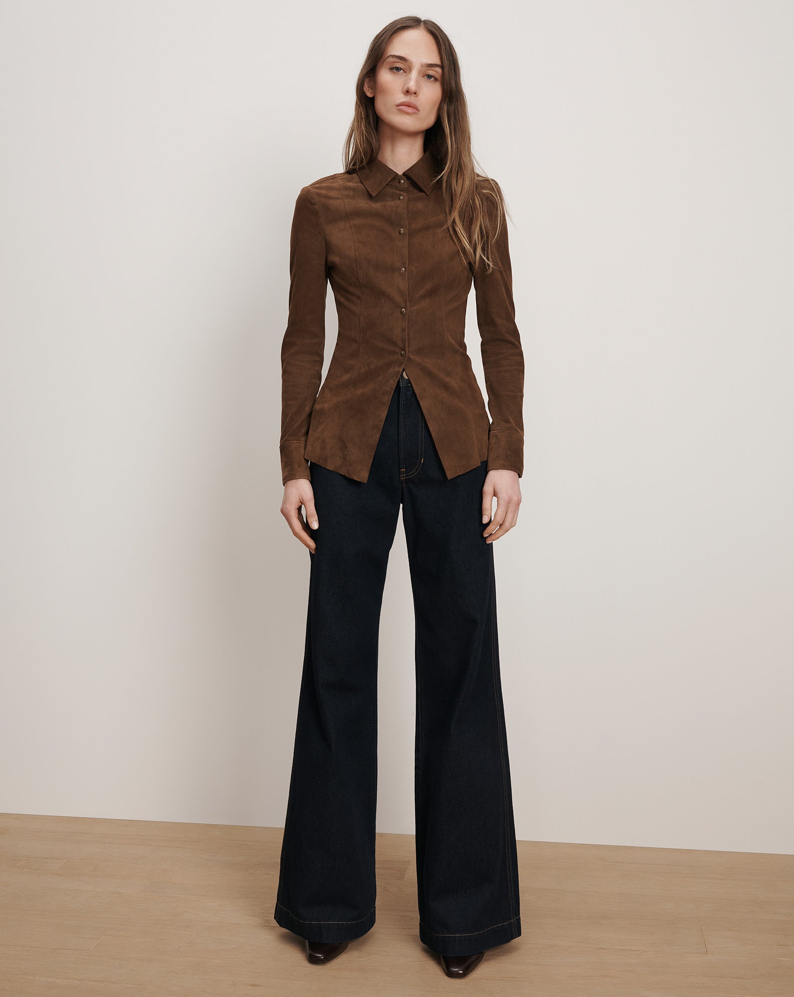 Veronica Beard Wittaker Suede Button-Down Shirt - Mocha