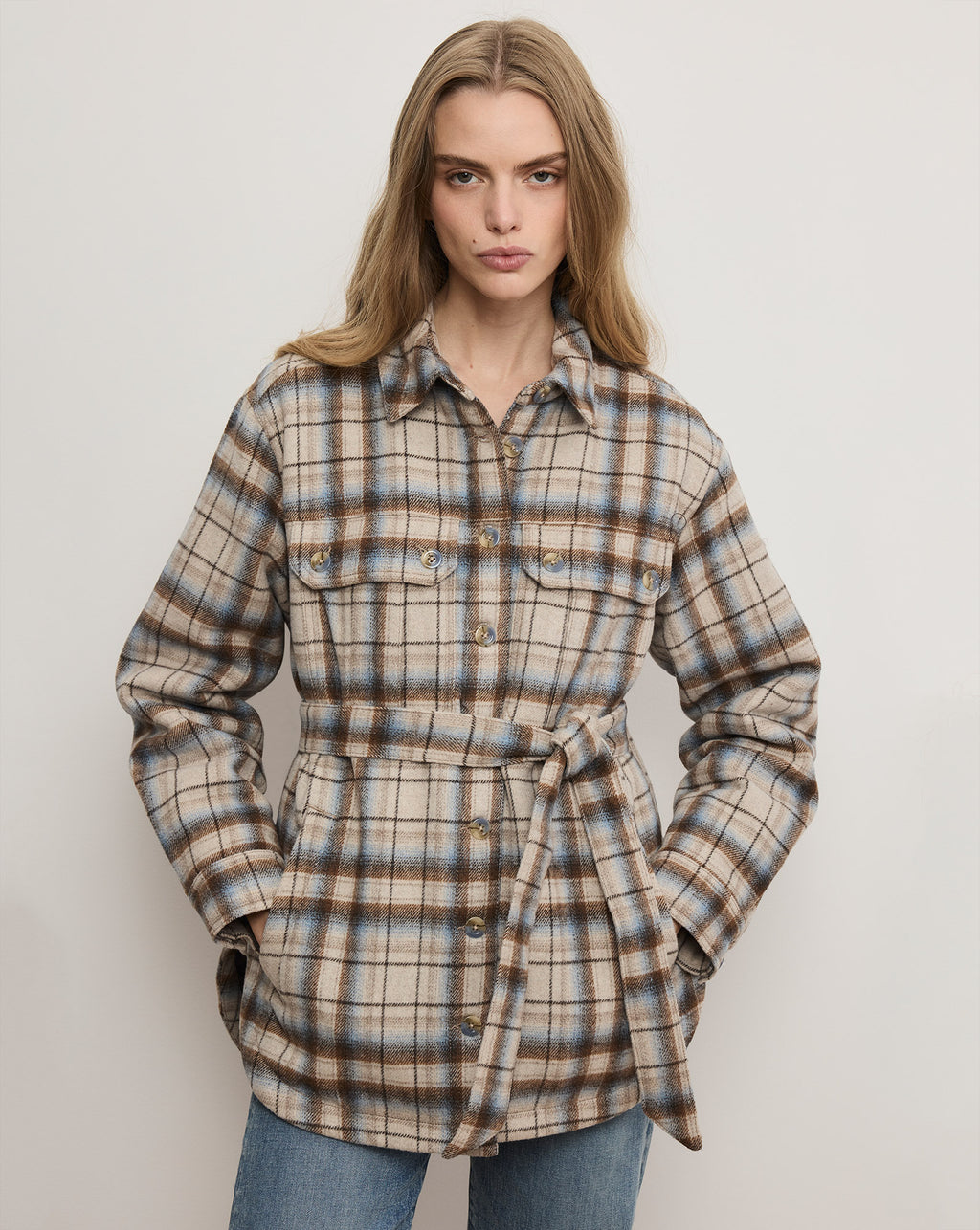 Veronica Beard Mikaela Belted Shacket - Whisky Multi Plaid