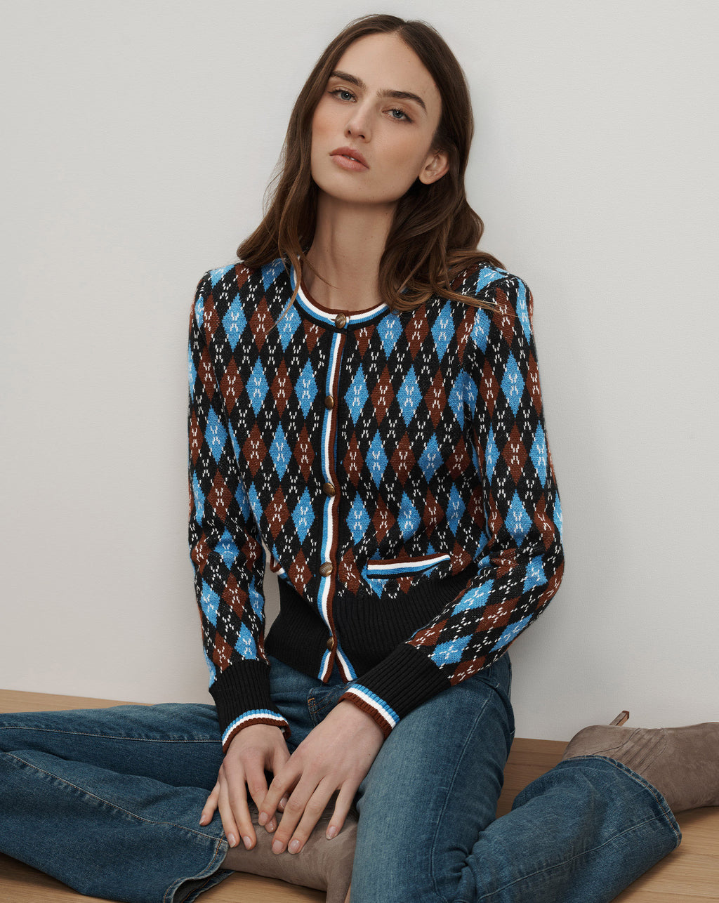 Veronica Beard Sylvane Argyle Cardigan - Black Multi
