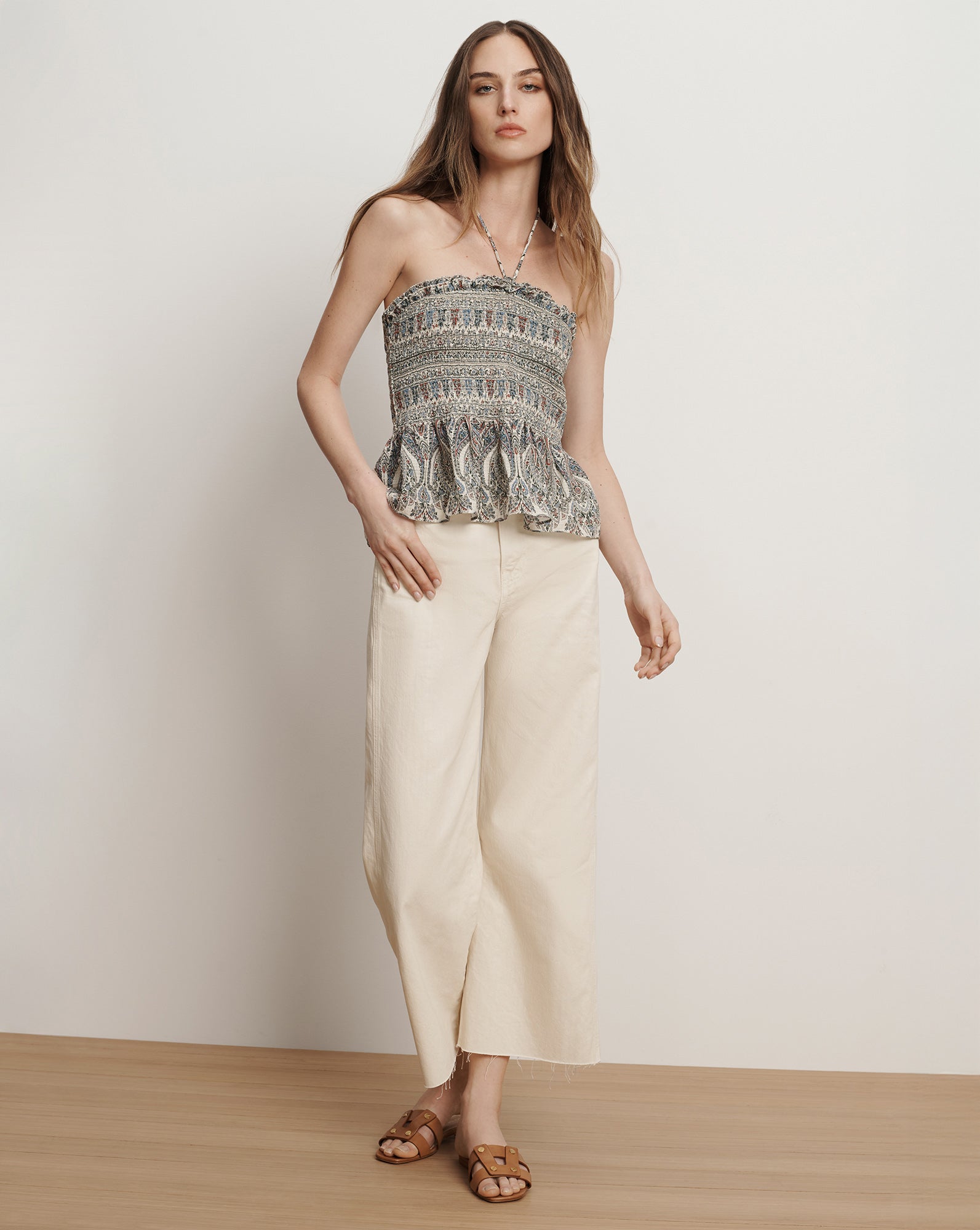 Veronica Beard Damsey Smocked Halter Top - Ecru Multi