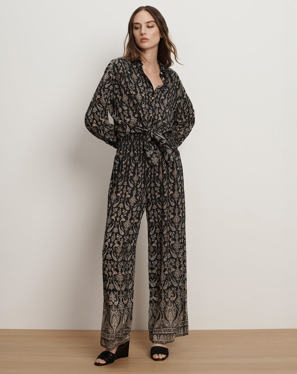 Veronica Beard Callaway Smocked Wide-Leg Pant - Black Multi