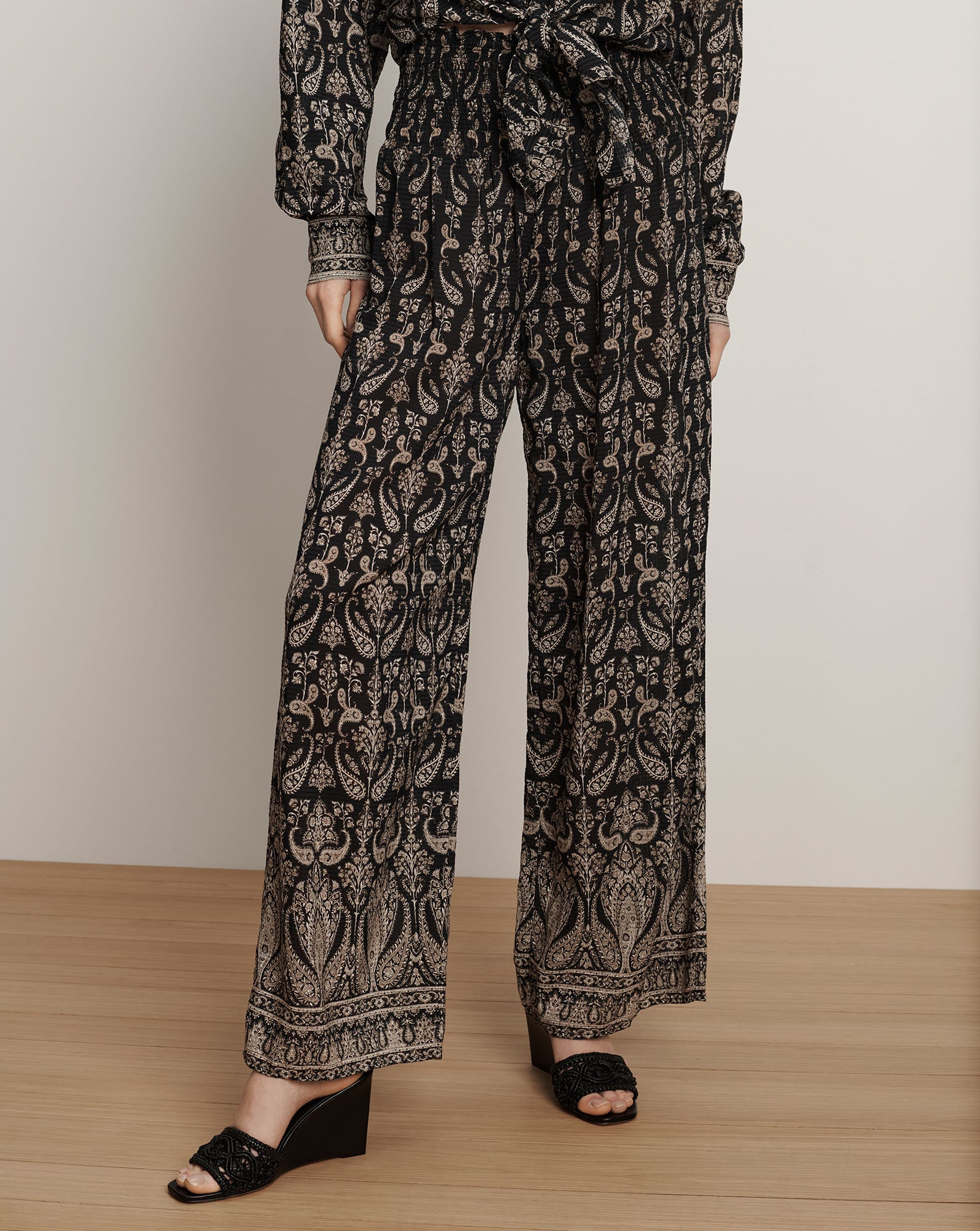 Veronica Beard Callaway Smocked Wide-Leg Pant - Black Multi