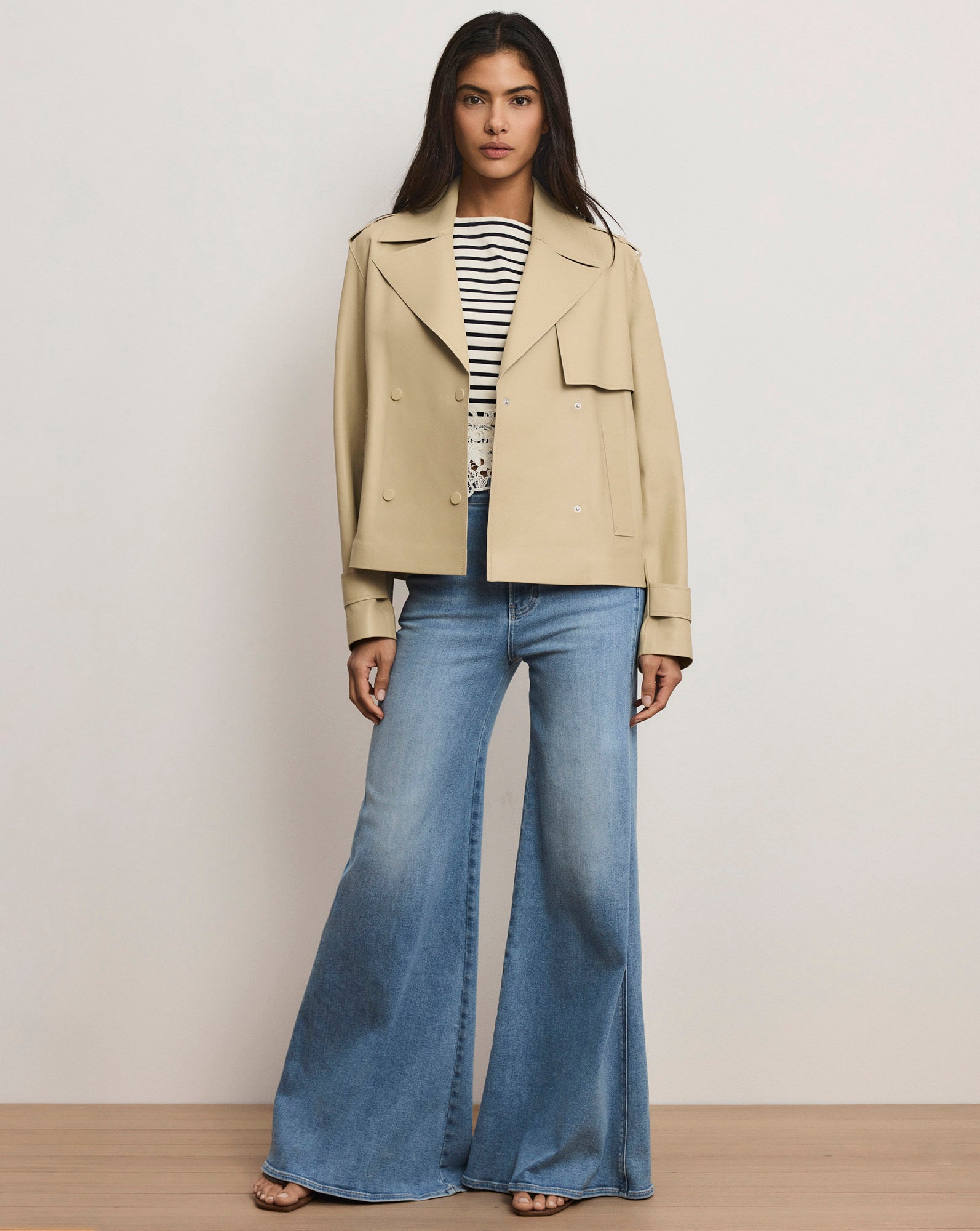 Veronica Beard Heathcliff Cropped Leather Trench Coat - Stone Khaki