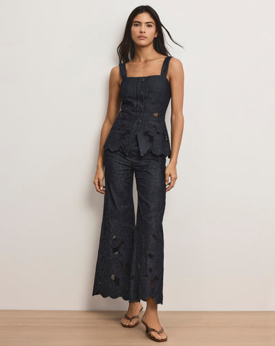 Veronica Beard Osborne Wide-Leg Eyelet Pant - Indigo Rinse