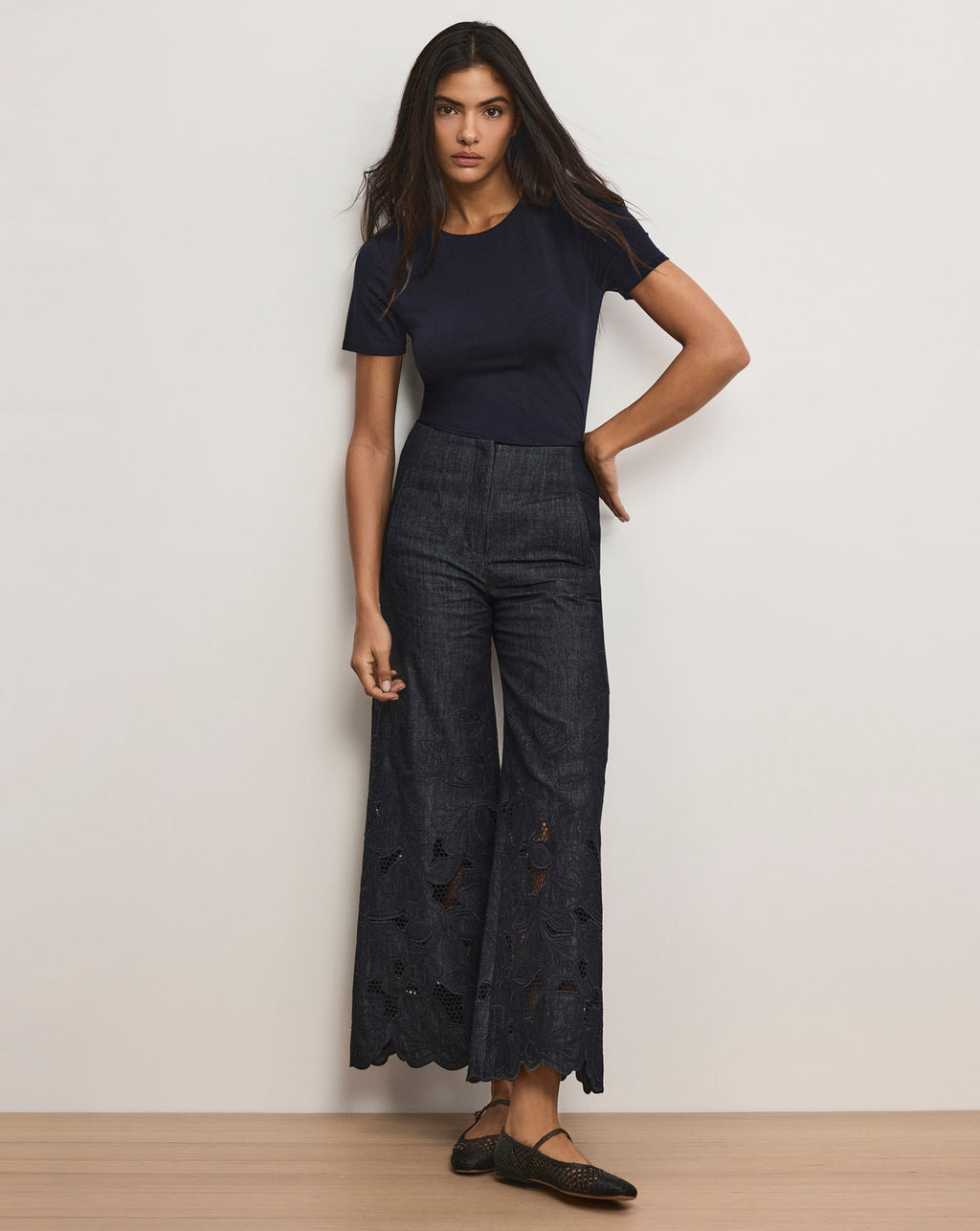 Veronica Beard Osborne Wide-Leg Eyelet Pant - Indigo Rinse