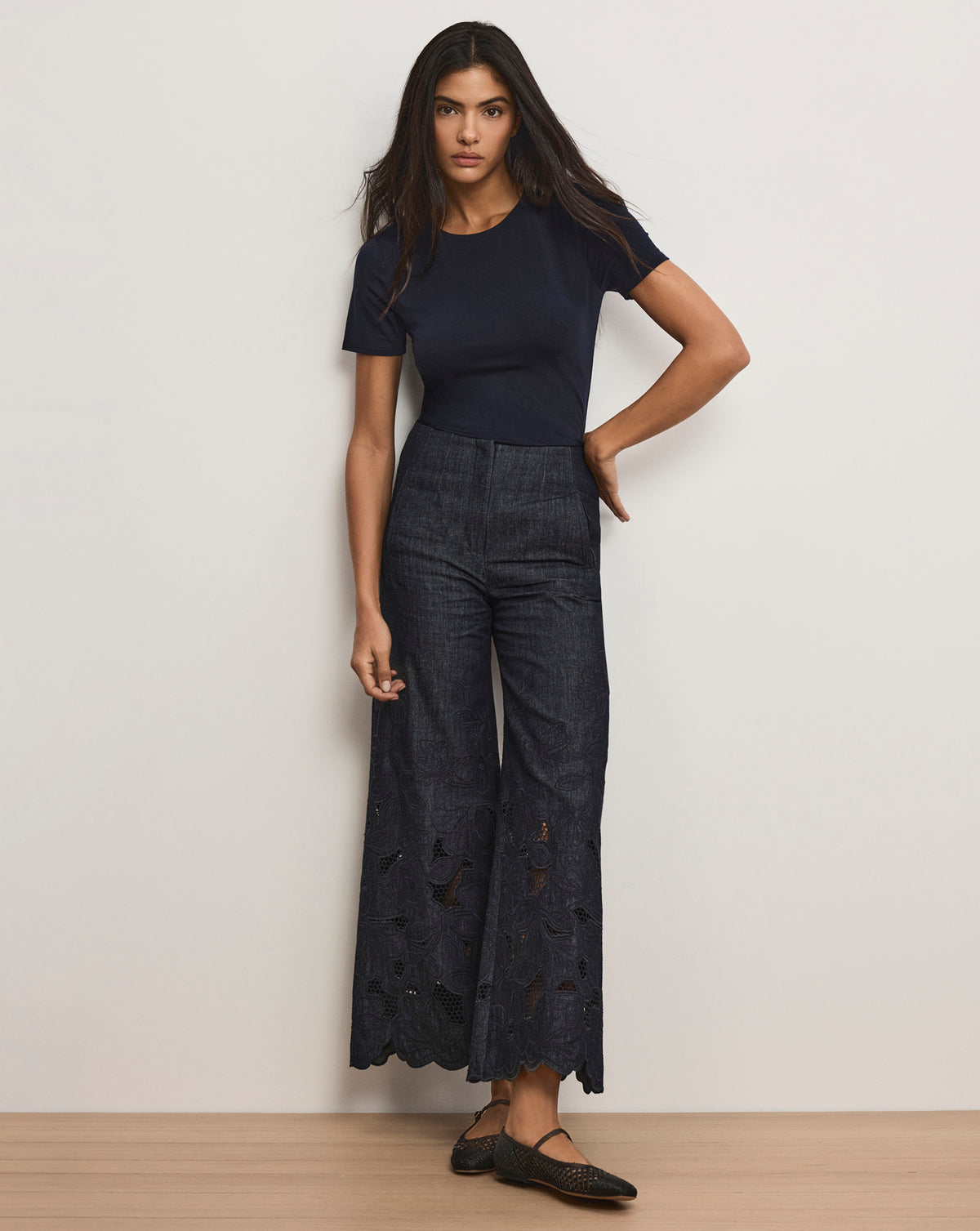 Veronica Beard Osborne Wide-Leg Eyelet Pant - Indigo Rinse