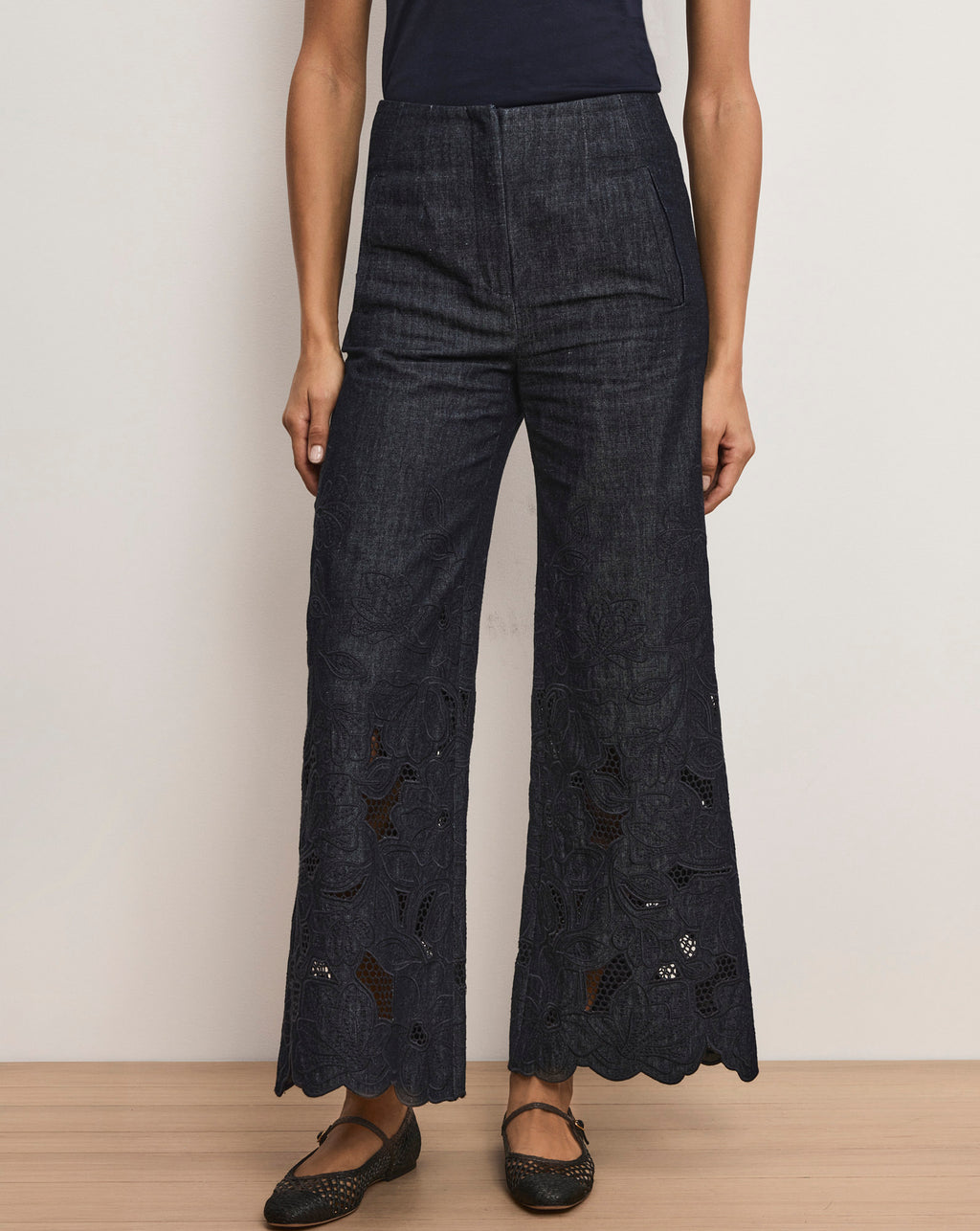 Veronica Beard Osborne Wide-Leg Eyelet Pant - Indigo Rinse