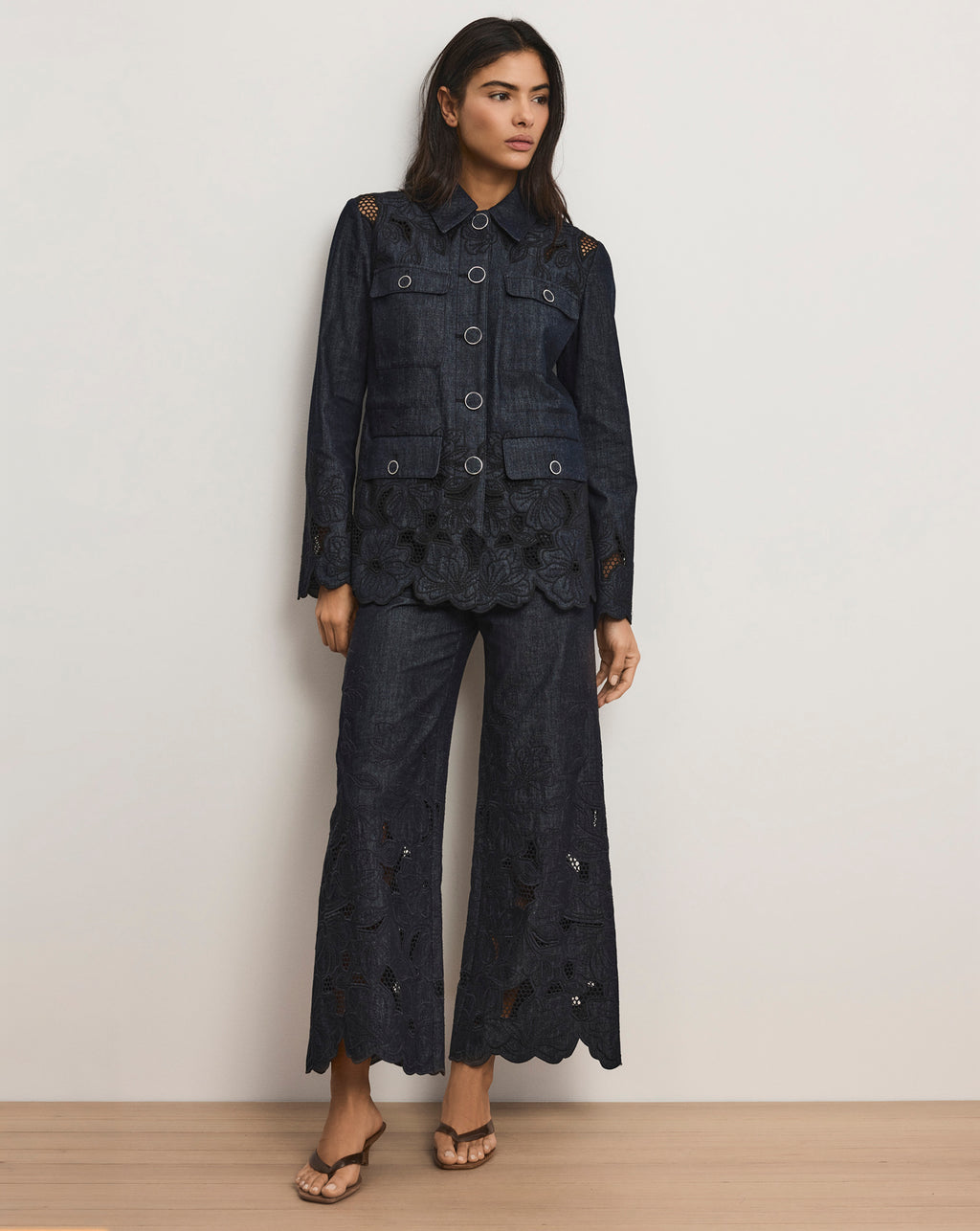 Veronica Beard Osborne Wide-Leg Eyelet Pant - Indigo Rinse