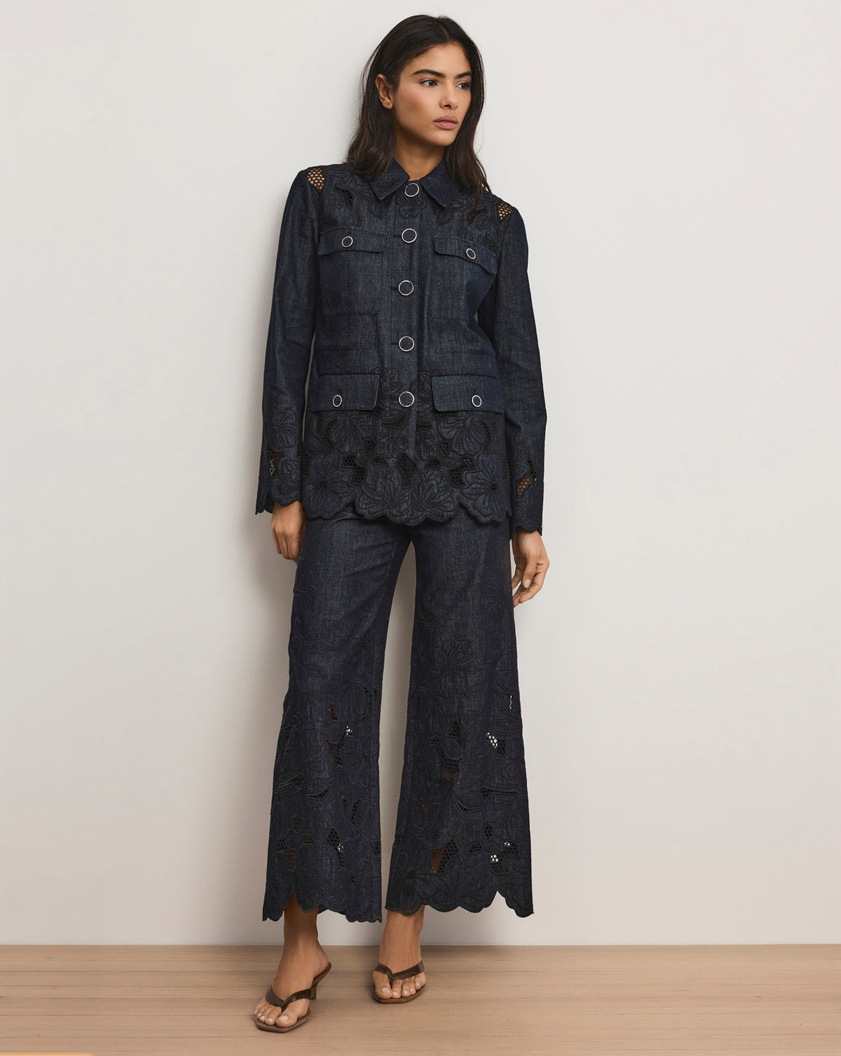 Veronica Beard Osborne Wide-Leg Eyelet Pant - Indigo Rinse