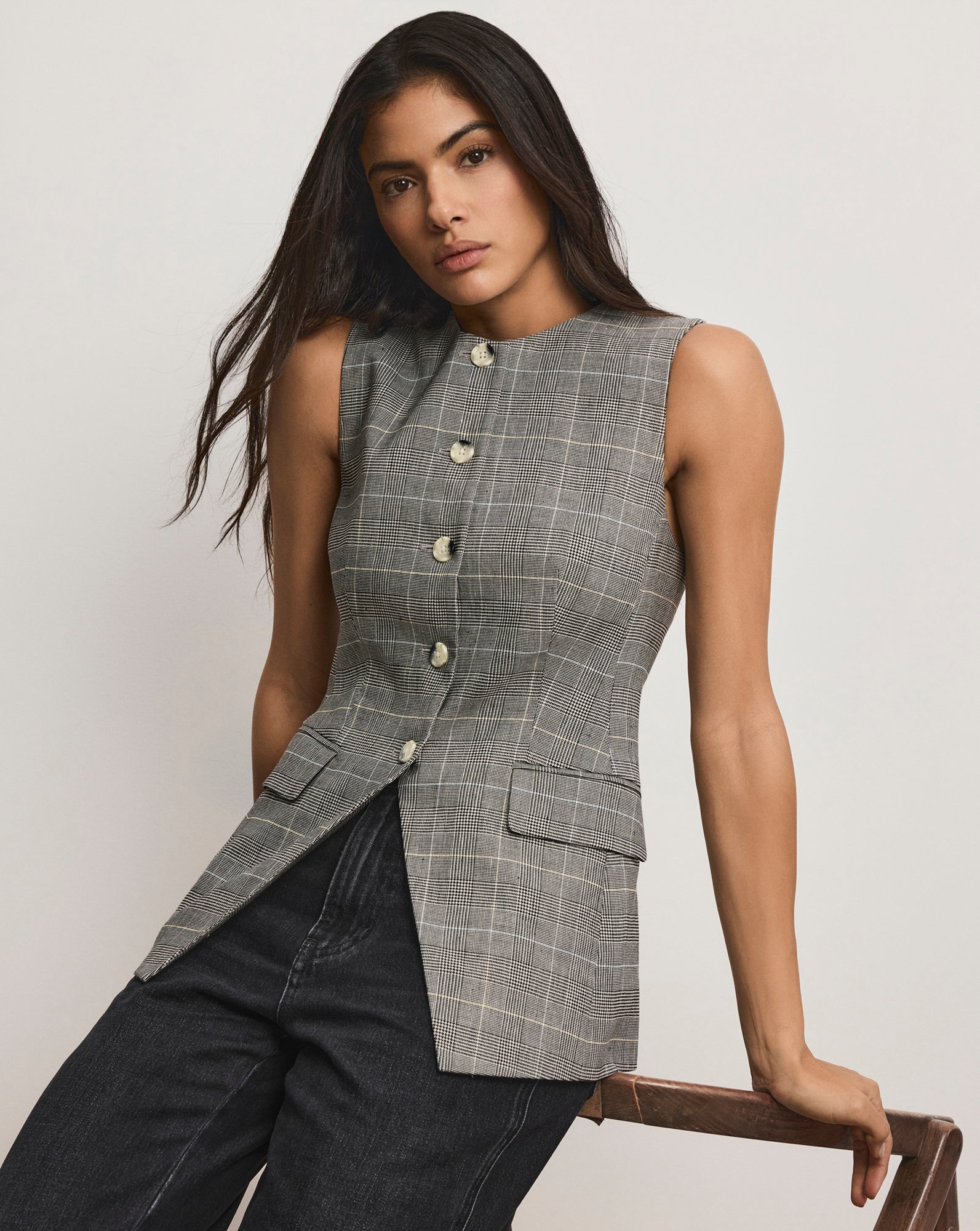 Veronica Beard Lois Linen Vest - Black Multi