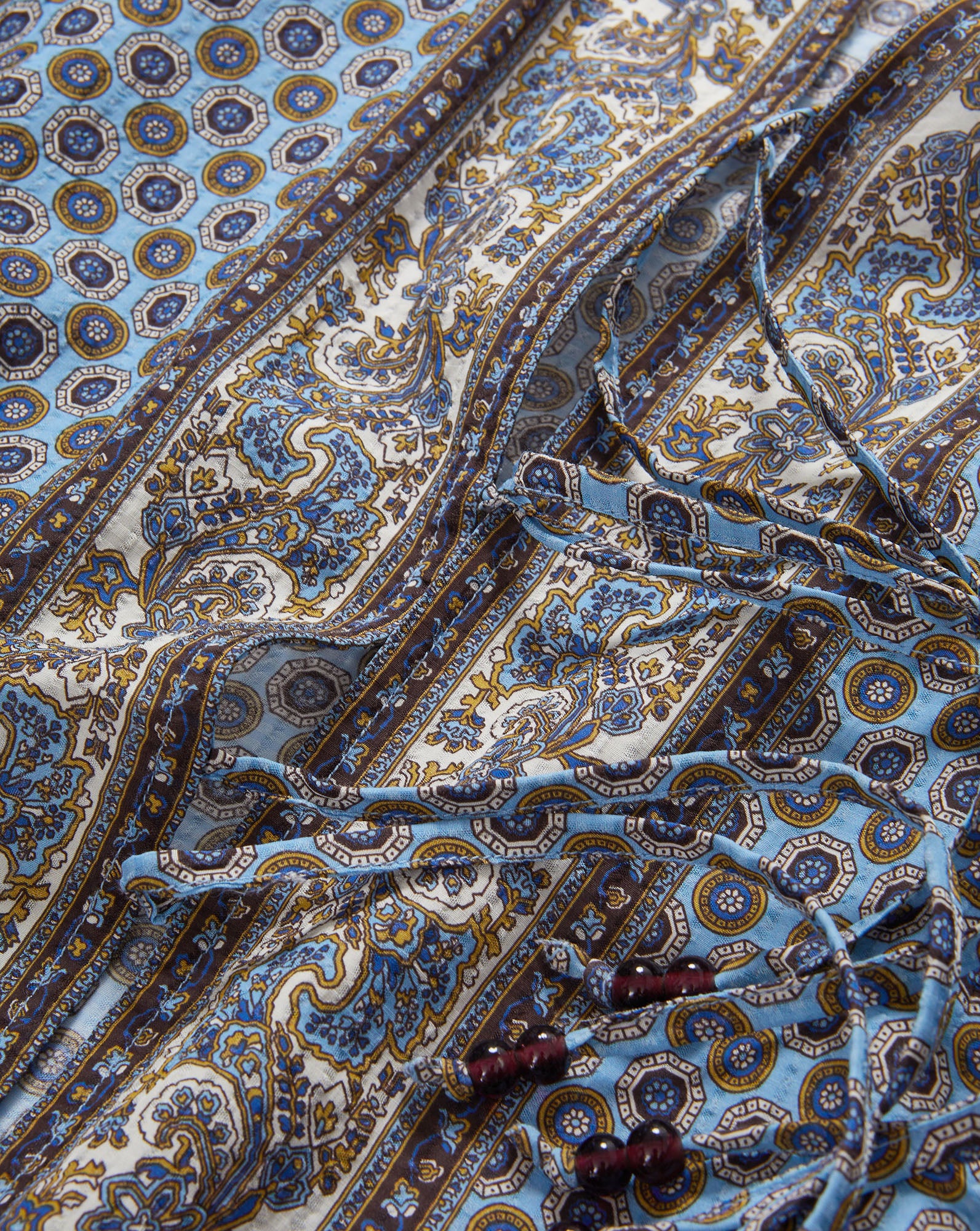 Veronica Beard Blue and white paisley print cotton dress with beaded ties.