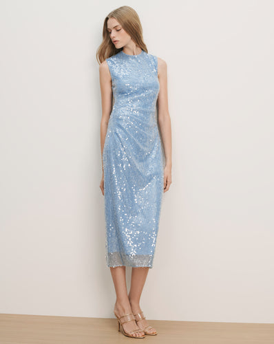 Veronica Beard Light blue sequined sleeveless midi dress with a high neck and ruched detailing.