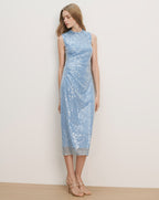 Veronica Beard Light blue sequined sleeveless midi dress with a high neck and ruched detailing.