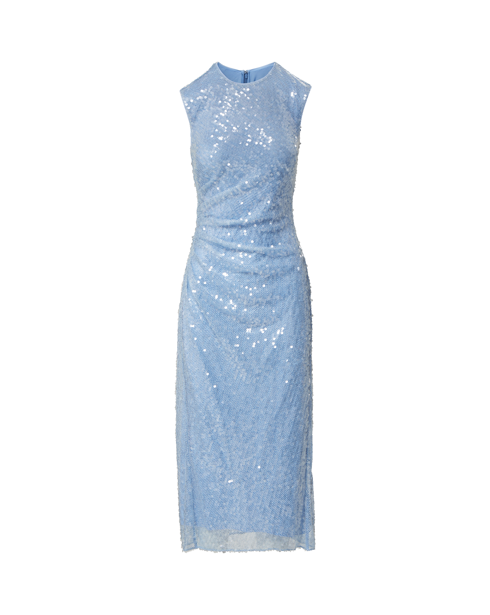 Veronica Beard Light blue sequined sleeveless midi dress with a high neck.