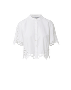 Veronica Beard White cotton short-sleeve blouse with a band collar, button-front closure, and scalloped eyelet lace trim.