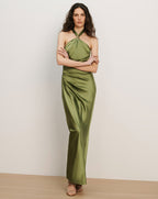 Veronica Beard Olive green satin halter maxi dress with a ruched waist and gold ring detail.