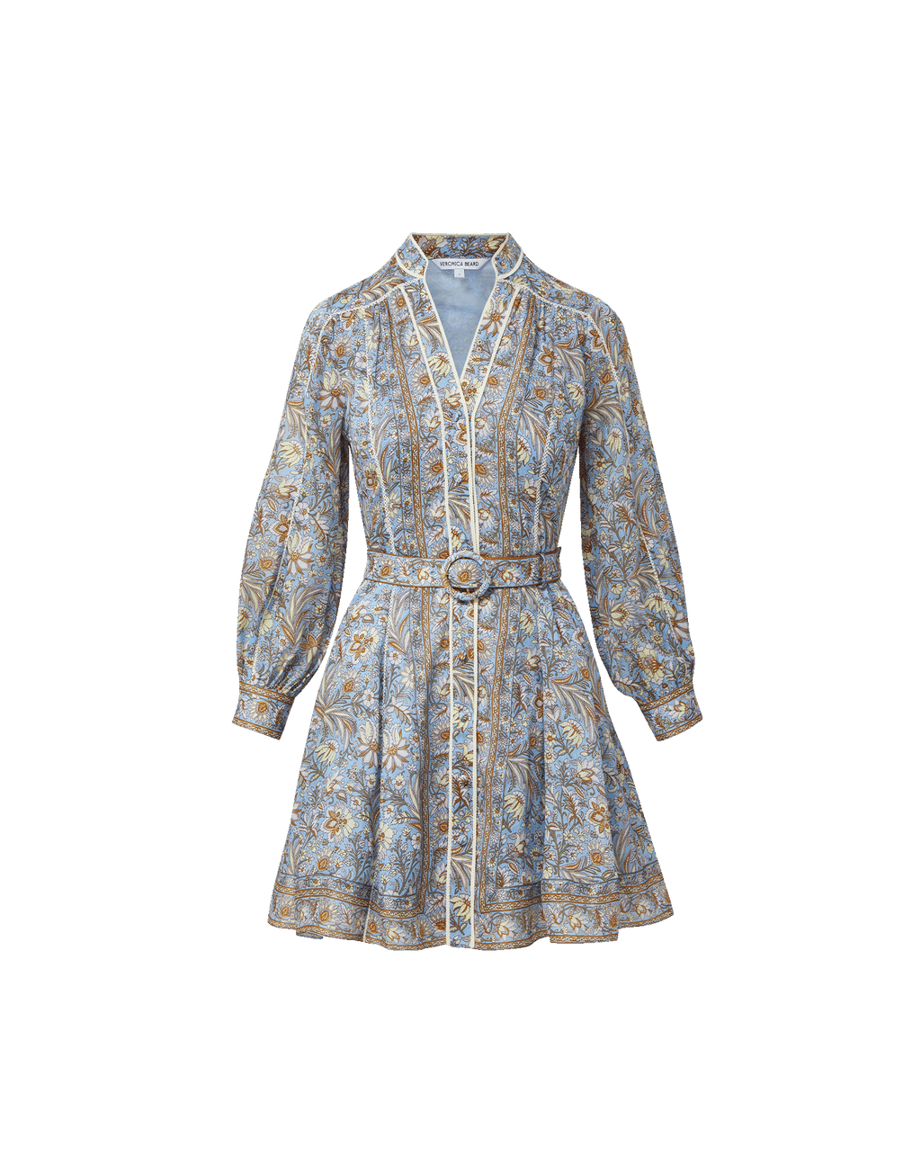 Veronica Beard Blue floral print mini dress with a belted waist, long sleeves, and a mandarin collar.
