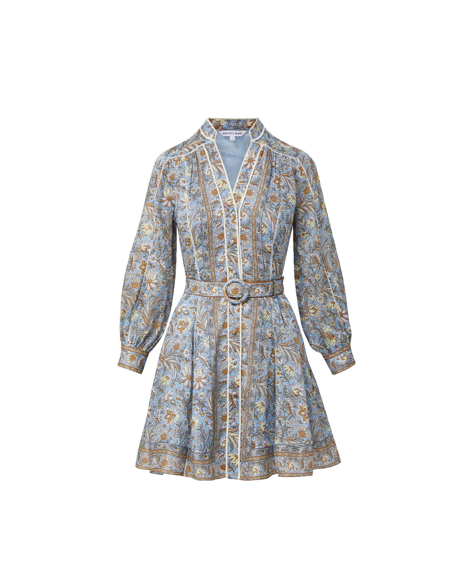 Veronica Beard Blue floral print mini dress with a belted waist, long sleeves, and a mandarin collar.