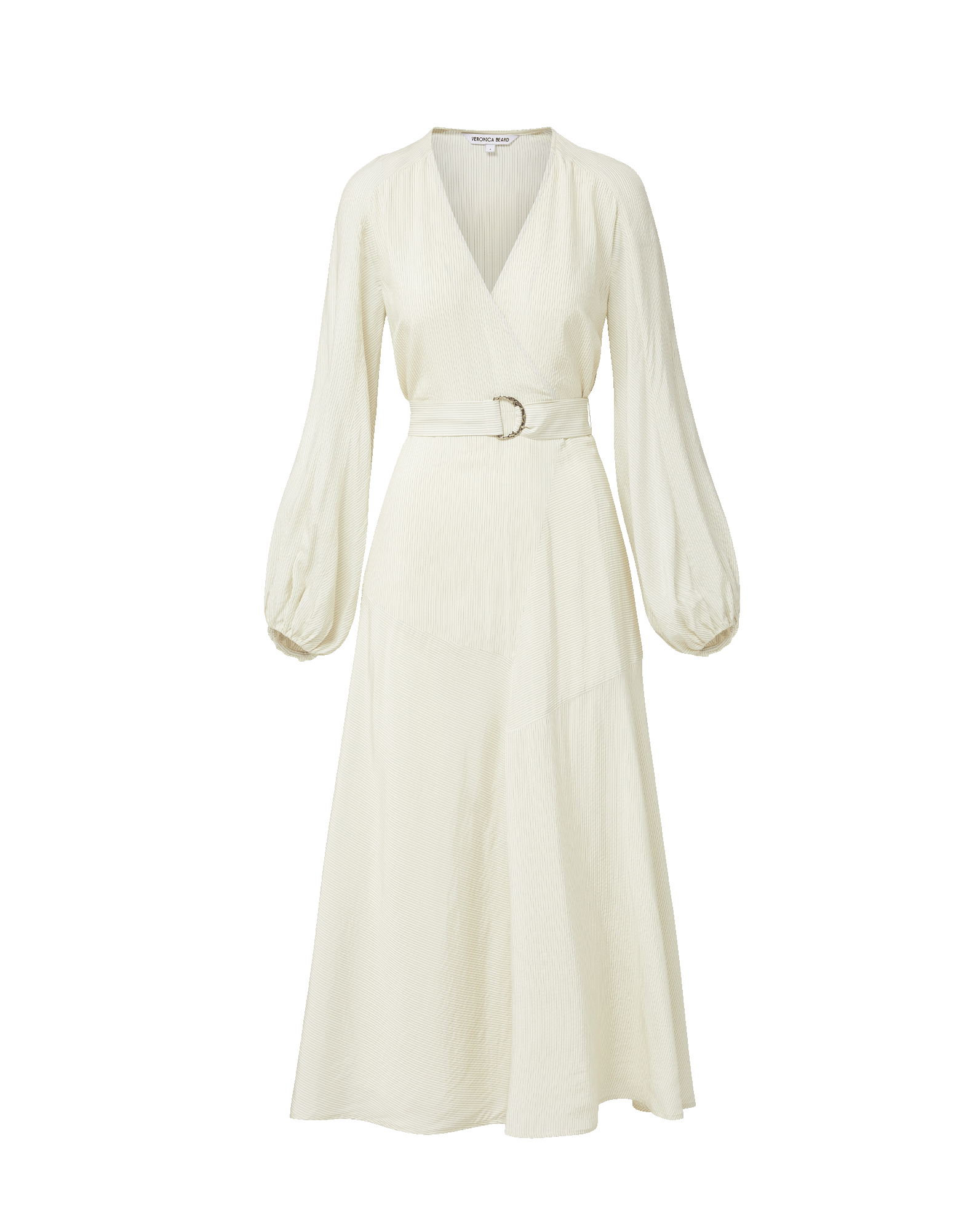 Veronica Beard Cream midi wrap dress with a V-neck, long balloon sleeves, and a D-ring belt.