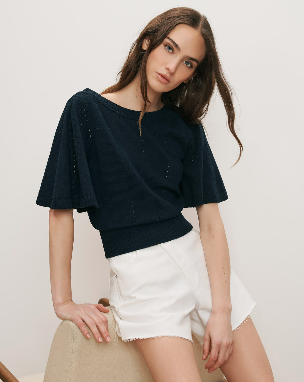 Veronica Beard Rhennan Pointelle Knit Top - Navy