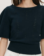 Veronica Beard Rhennan Pointelle Knit Top - Navy