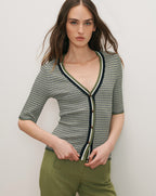 Veronica Beard Calliope Knit Button-Front Top - Navy/Cactus/Off-White