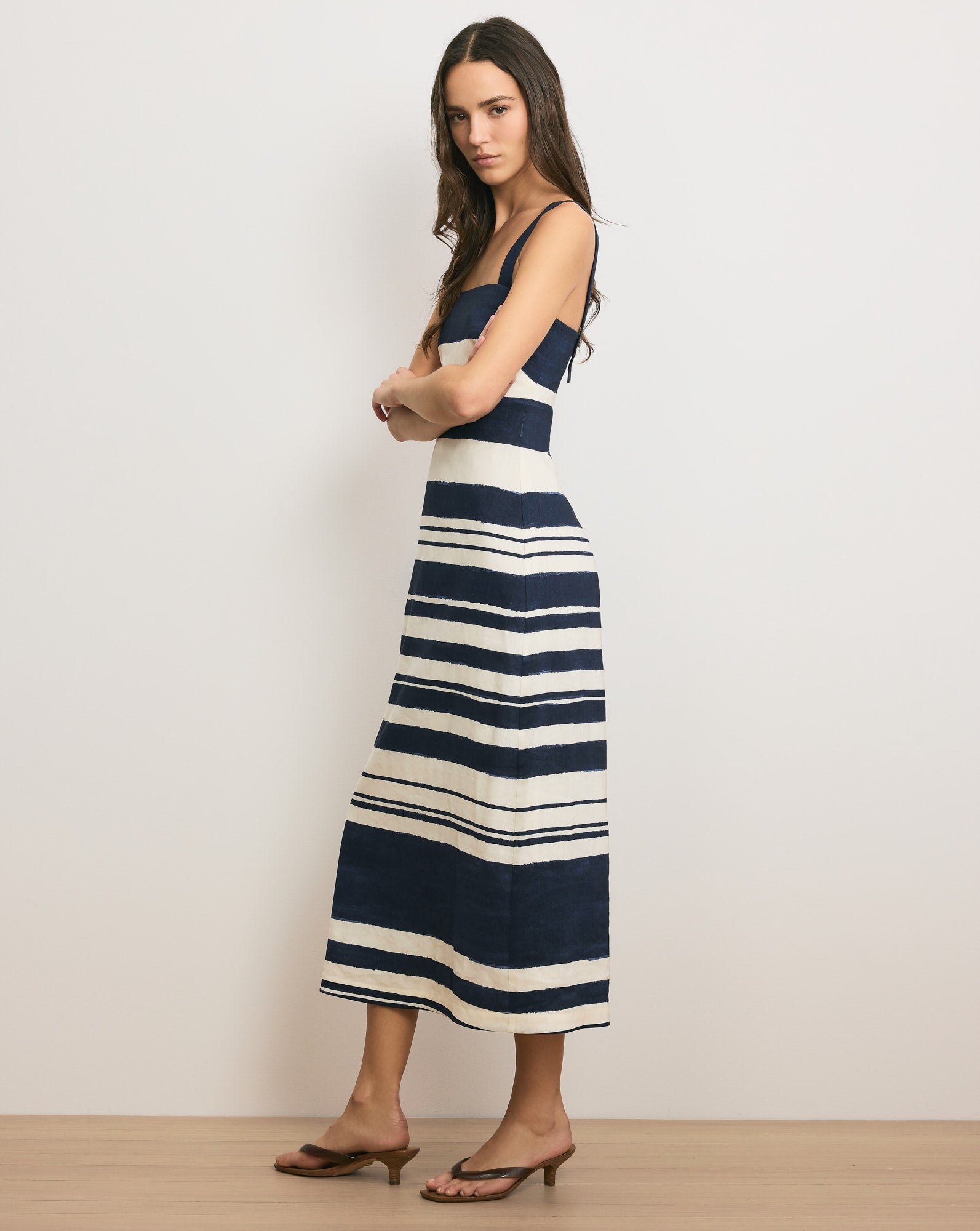 Veronica Beard Ella Striped Linen Midi Dress - Navy/Dove White