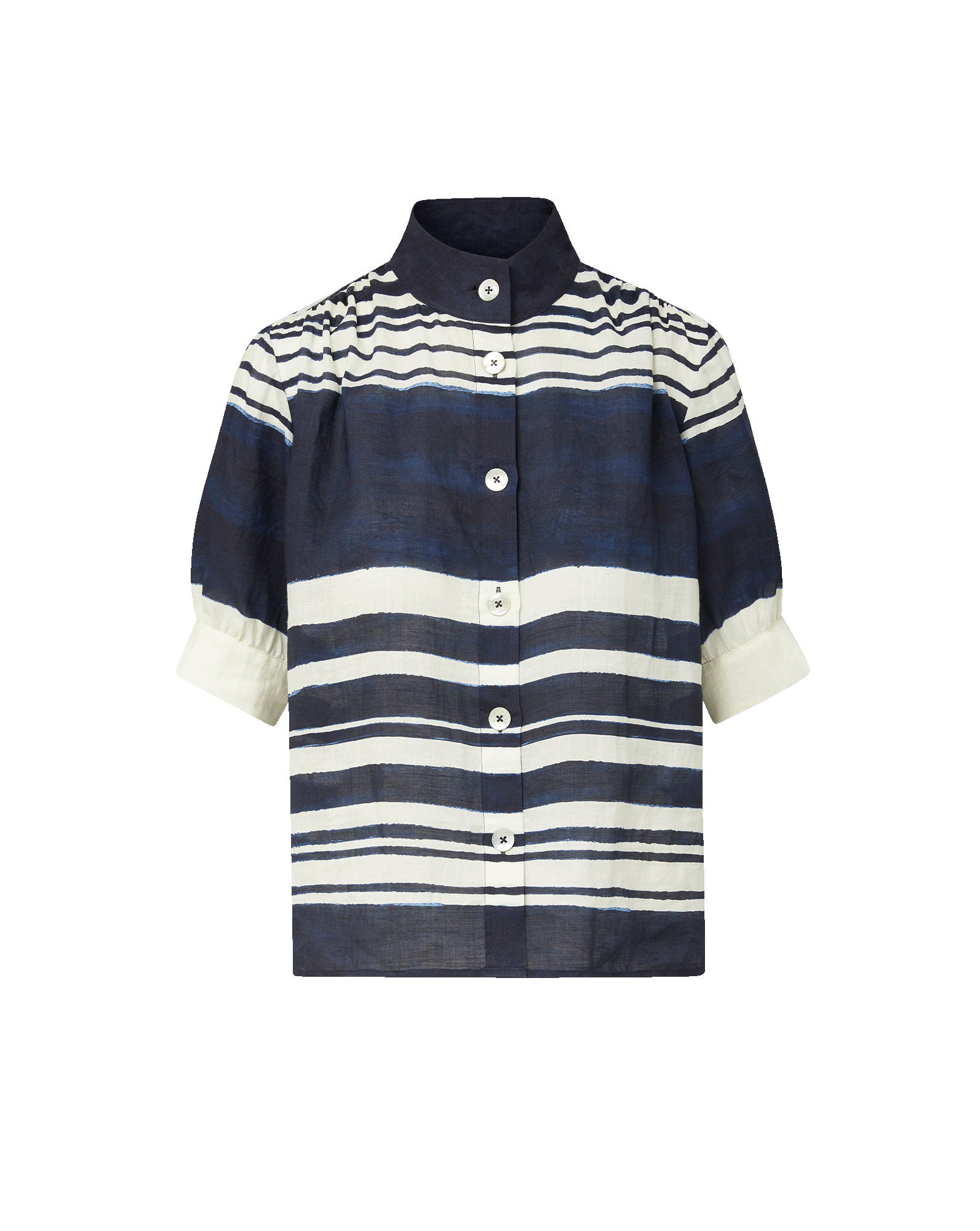 Veronica Beard Navy and white striped linen blouse with a band collar, button-front, and elbow-length puff sleeves.