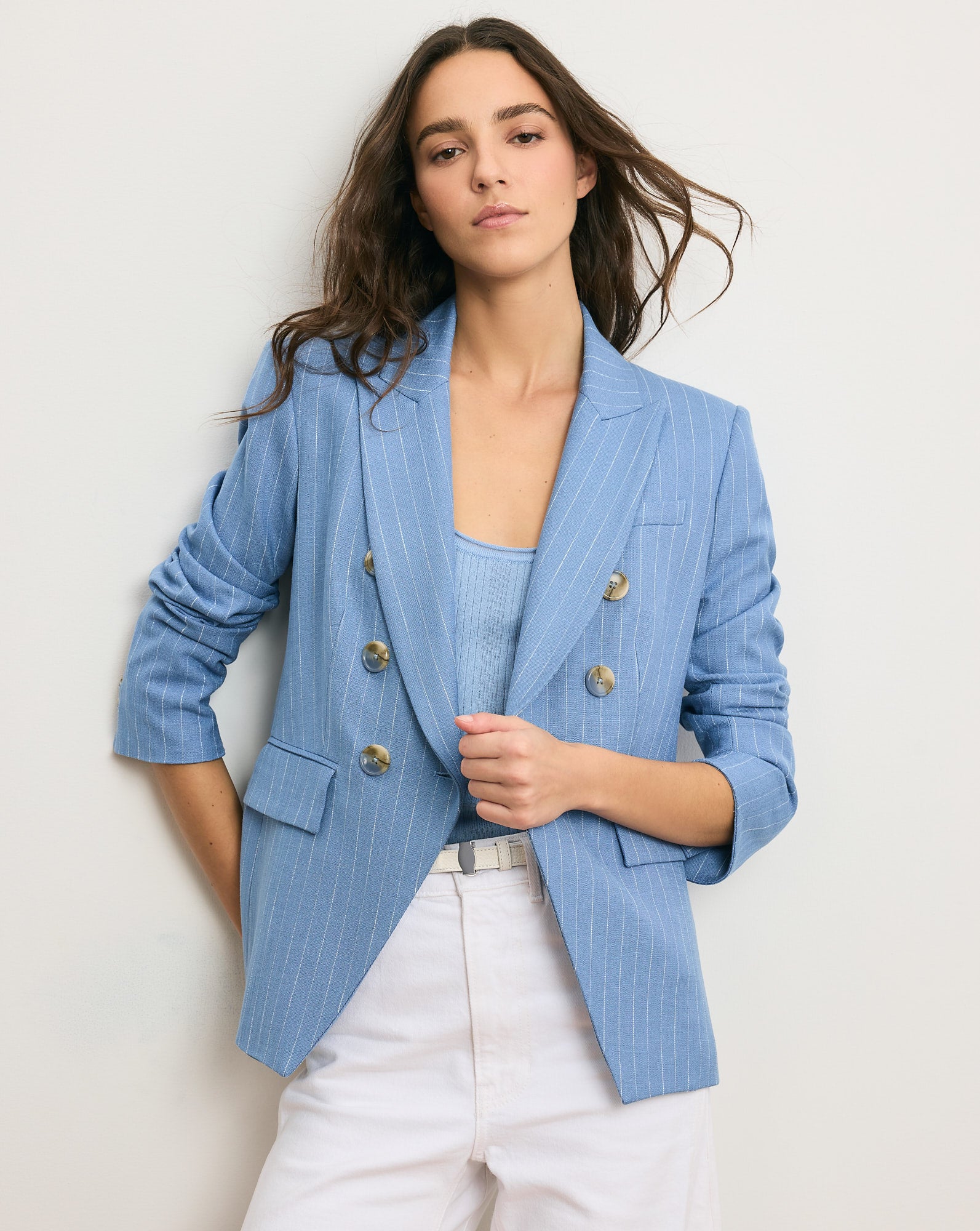 【ENCOMING】Double Brested Jacket Miller Pinstripe Dickey Jacket in Blue Jay/Dove White | Veronica
