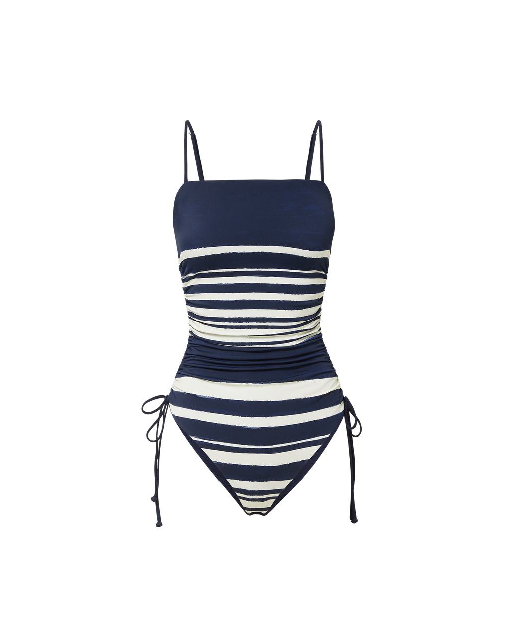 Veronica Beard Navy and white striped one-piece swimsuit with thin straps and side ties.