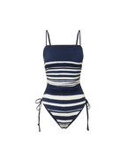 Veronica Beard Navy and white striped one-piece swimsuit with thin straps and side ties.