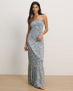 Veronica Beard Blue floral smocked maxi dress with spaghetti straps and a ruffled hem.