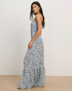 Veronica Beard Light blue floral print maxi dress with smocked bodice and tiered ruffle hem.