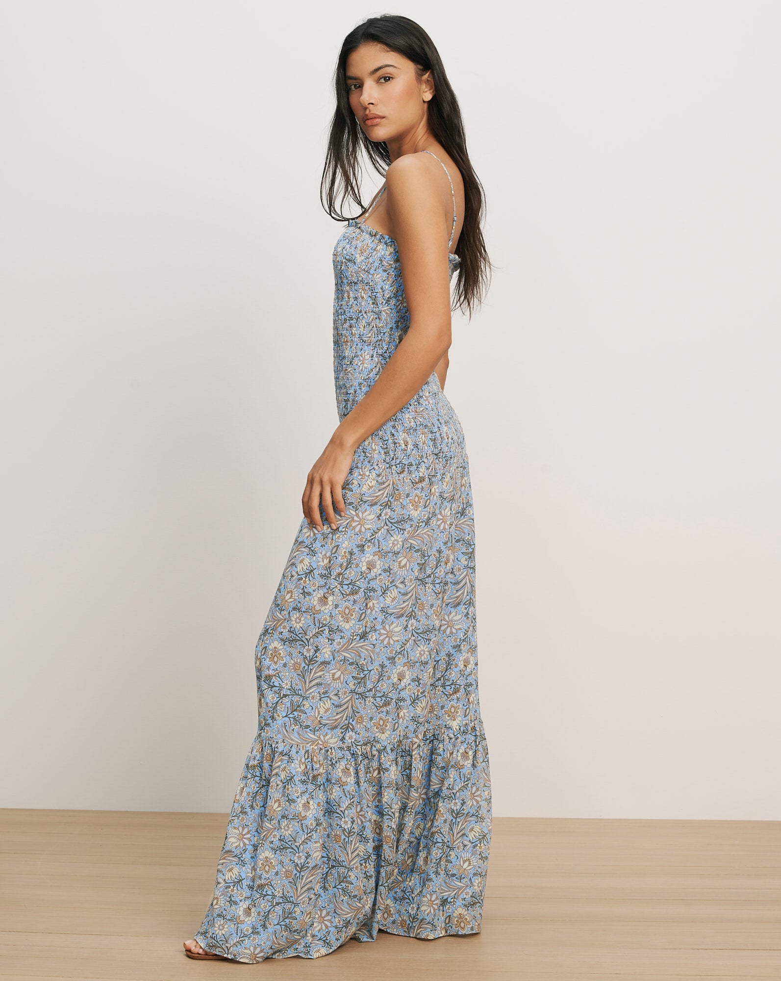Veronica Beard Light blue floral print maxi dress with smocked bodice and tiered ruffle hem.