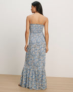 Veronica Beard Blue floral print maxi dress with spaghetti straps, a shirred bodice, and a ruffled hem.