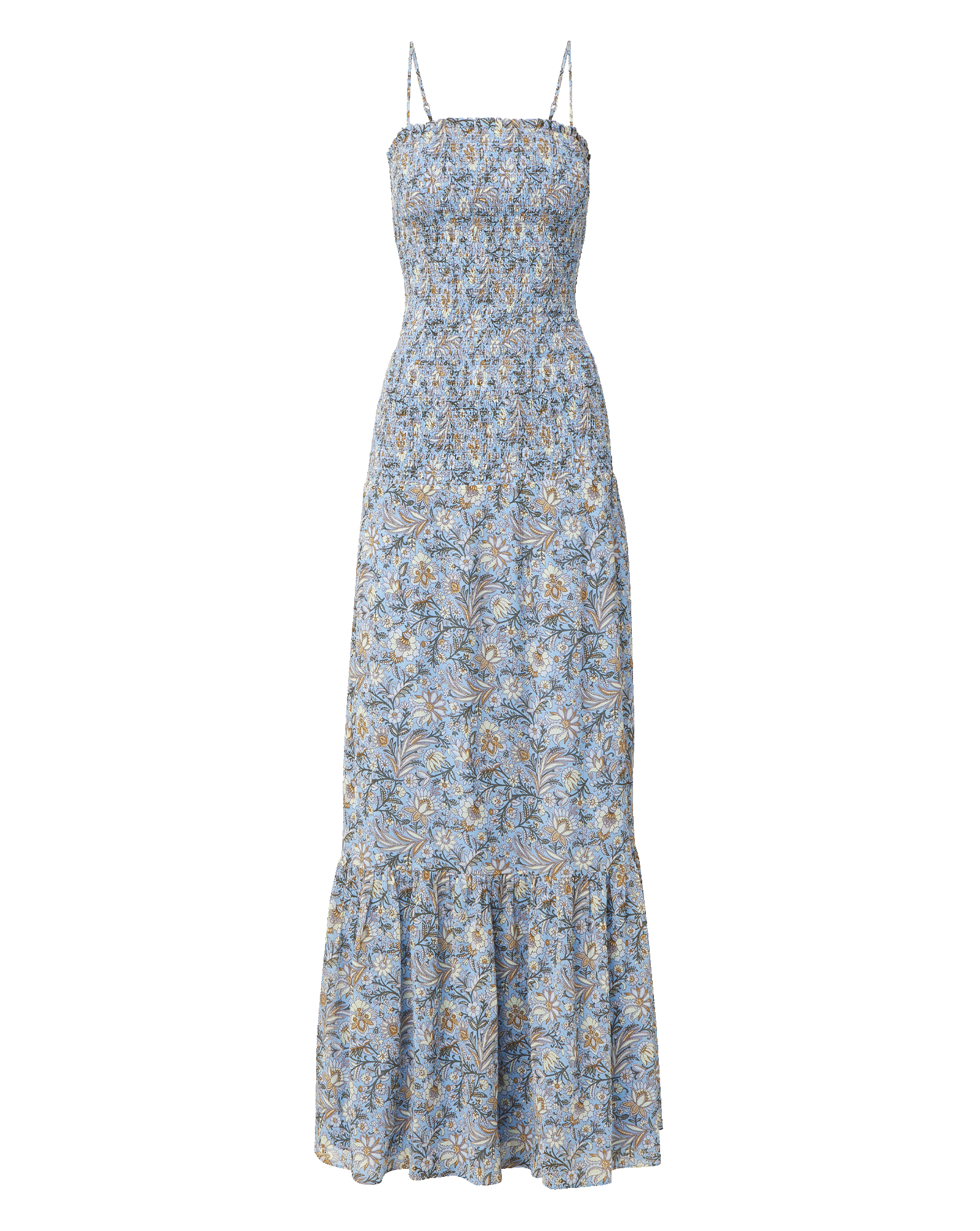 Veronica Beard Light blue floral print maxi dress with spaghetti straps and a smocked bodice.