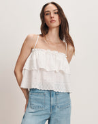 Veronica Beard White tiered eyelet camisole with thin straps and ruffled trim.
