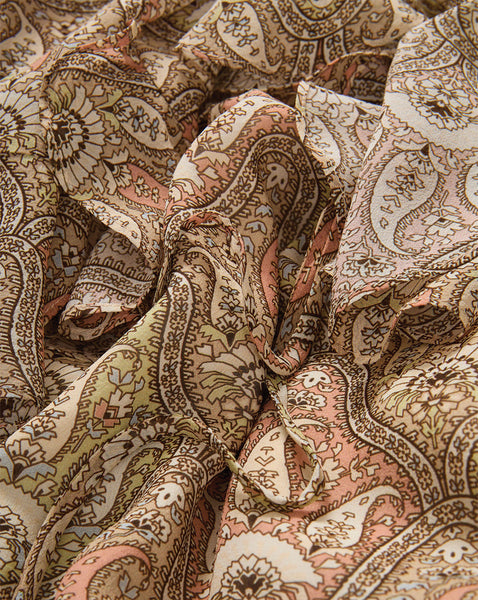 A vibrant and intricate pattern of paisley designs in shades of brown, beige, and pink, creating a visually captivating and textured background.