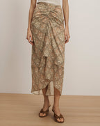 Veronica Beard Paisley print midi skirt with a ruched waist and asymmetrical ruffled hem.